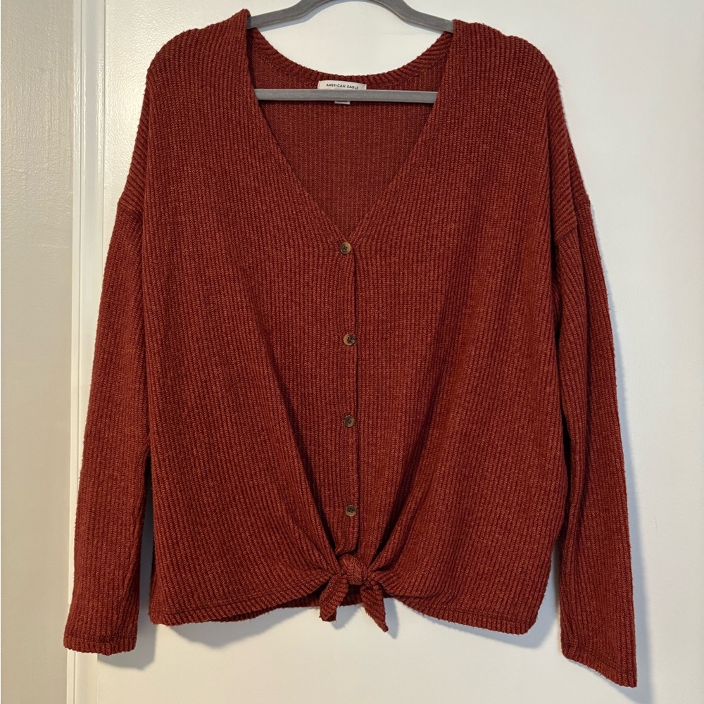 American Eagle Rust Waffle-Knit Button Down Sweat… - image 1